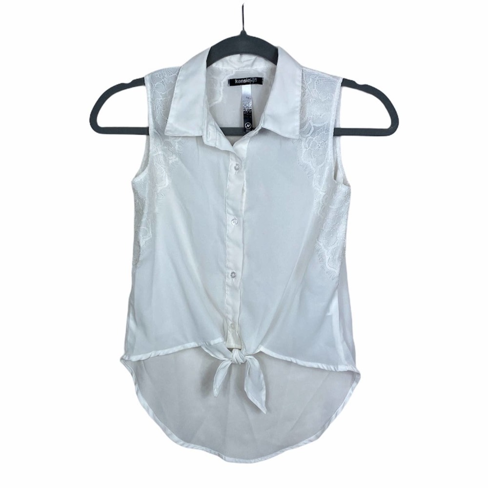 Kensie Girl White Sleeveless Blouse w Eyelash Lace
